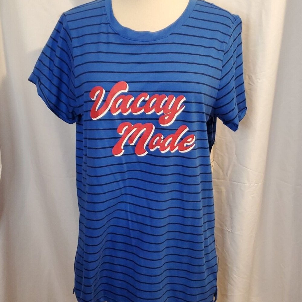 NWT Vacay Mode Blue Black Crewneck Striped T-Shirt Women’s Large New With Tags